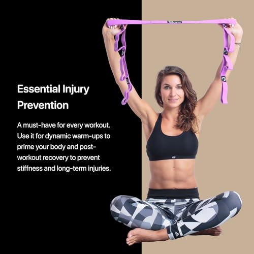 YOGA-EVO Elastic Stretching Strap with Loops for Physical Therapy - Stretch & Activate Muscles - Increase Mobility & Recovery - Soft Cotton & Spandex - Includes Carrying Pouch & Video Exercises - color: Purple