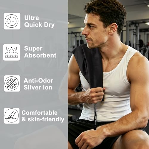 Microfiber Workout Towels - Quick Dry Silver ION Odor-Free, Highly Absorbing, Gym Towels for Men & Women - Sports Sweat Towel for Gym, Yoga, Working Out, Camping, Travel, Set of 8 Black–16x31.5Inch