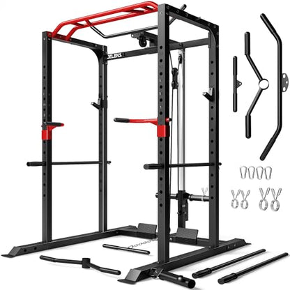 S11 Power Cage, 2000LB Multi-Function Power Rack with LAT Pulldown, Squat Rack with Adjustable Pulley System and Training Attachments, Weight Rack for Home Gym - style: S11 Power Cage