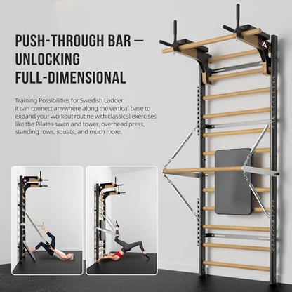 Swedish Ladder Pro, Wood Stall Bar with Push-Through Bar, Adjustable Pull-Up Dip Bar for Adults and Kids, Accessories Bundle, Spring, for Home, School, Physical Therapy and Gymnastics - size: 40"x90“x26"