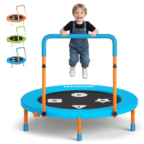 3FT Toddler Trampoline with Adjustable Handlebar, 36" Foldable & Spring-Free, Mini Kids Indoor Outdoor Trampoline for Ages 1-6, Noiseless Jumping Mat, Safe & Sturdy Design, Supports Up to 100 lbs - color: Blue