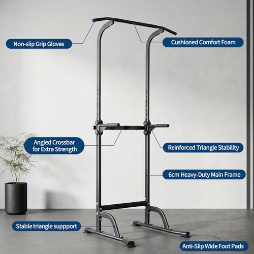 Power Tower Home Gym Strength Training Station Adjustable 10 Height Levels, Heavy-Duty Chin-Up Tower with Parallel Dip Handles, Bodyweight Workout Equipment for Pull-Ups, Dips, Knee Raises, Push-Ups, 330 Lb Capacity