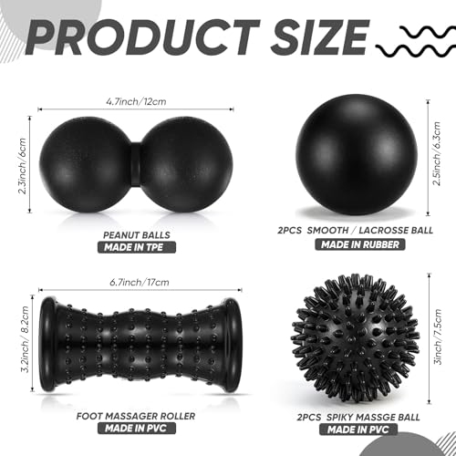 6 Pack Massage Ball & Foot Roller with Spiky Lacrosse Peanut Massage Roller for Muscle Foot Arch Pain Deep Tissue Relieve Plantar Fasciitis