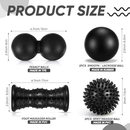 6 Pack Massage Ball & Foot Roller with Spiky Lacrosse Peanut Massage Roller for Muscle Foot Arch Pain Deep Tissue Relieve Plantar Fasciitis