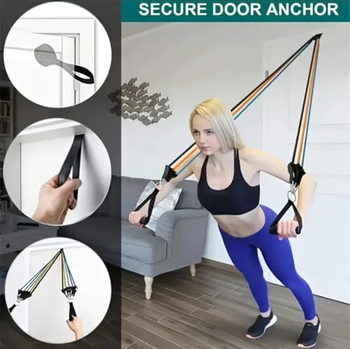 Resistance Bands Set with Handles, 5 Stackable Exercise Bands for Working Out, Home Gym Equipment with Door Anchor, Ankle Straps & Carrying Case for Strength Training, Physical Therapy & Fitness.