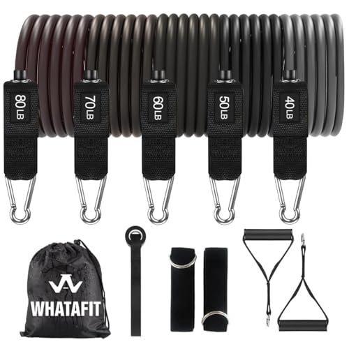 WHATAFIT Resistance Bands, Exercise Bands, Workout Bands with Handles, Door Anchor and Ankle Straps, 5 Resistance Levels Fitness Bands for Strength Training, Physical Therapy, and Home Gym Equipment - color: Deep Gray