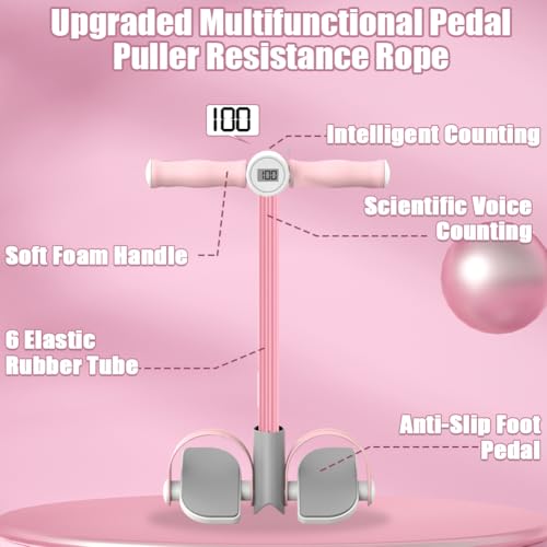 Upgrade 6-Tubes Pedal Resistance Band with Handle, Elastic Pull Rope Fitness with 8 Shaped Resistance Band, Multifunction Tension Rope for Abdomen Waist Arm Leg Training, Home Gym Exercise Equipment