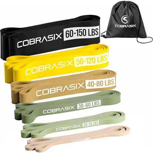 Long Resistance Bands for Working Out | Set of 6 Exercise Bands for Full-Body Training | Pull Up Bands for Home Gym with Handles, Door Anchor and Bar Options | for Men & Women
