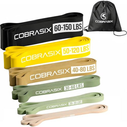 Long Resistance Bands for Working Out | Set of 6 Exercise Bands for Full-Body Training | Pull Up Bands for Home Gym with Handles, Door Anchor and Bar Options | for Men & Women