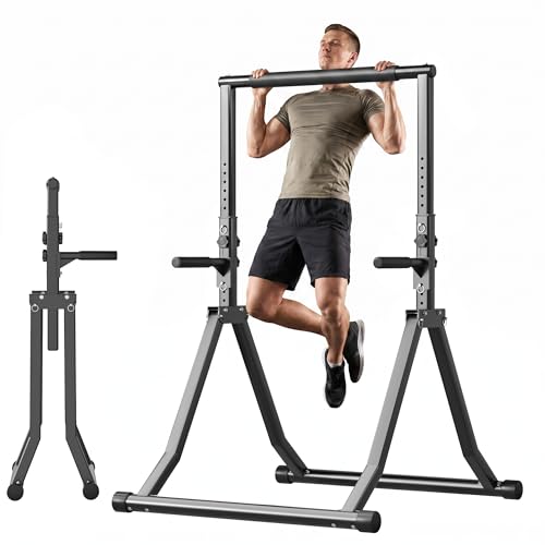Foldable Power Tower Dip Station for Pull Ups, 58.3"-76.8" 12 Level 700 LBS, Adjustable Dip Handles & Assistance Bands Foldable Home Gym Equipment - color: 58.3"-76.8" with Dual Dip Handles