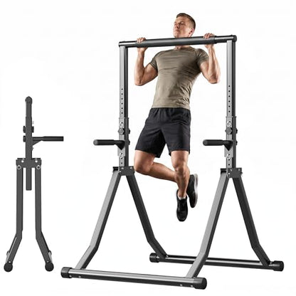 Foldable Power Tower Dip Station for Pull Ups, 58.3"-76.8" 12 Level 700 LBS, Adjustable Dip Handles & Assistance Bands Foldable Home Gym Equipment - color: 58.3"-76.8" with Dual Dip Handles