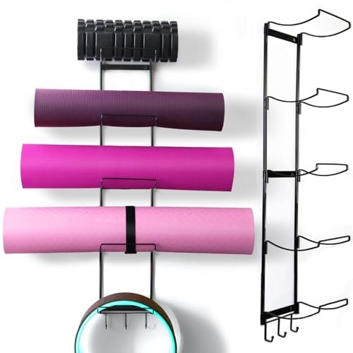 5-Tiers Yoga Mat Holder Wall Mount, Metal Storage Rack for Mats/Wheels, Foam Roller and Block, Wall Rack with 3-Hooks for Hanging Stretching Strap, Resistance Bands, Yoga Accessories