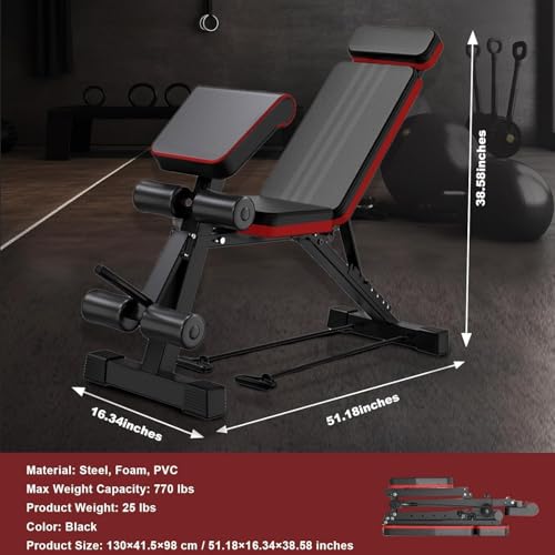 2026 Weight Bench, 770LBS Adjustable Workout Bench Foldable for Home Gym, Leg Extension and Extended Backrest for Bench Press Full Body Strength Training Exercise