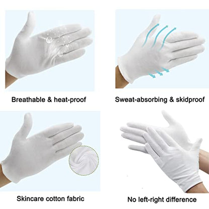 12Pairs White Cotton Gloves for Eczema Dry Hands - Breathable Moisturizing SPA Gloves Liners - Soft Jewelry Photo Inspection Gloves Stretchy Fit for S, M, L Hands of Men and Women