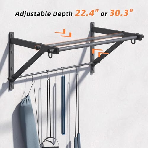 Wall Mounted Pull Up Bar, Strength Training Chin Up Bar for Doorway and Wall Mount with Hooks, Adjustable Depth Pull-up Bar with 500LBS Weight Capacity, Heavy Duty Gym Home Training
