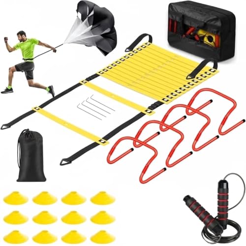 Agility Ladder Training Set, 20ft Speed Ladder with 4 Hurdles, Jump Rope, 12 Soccer Cones & Running Parachute, All-in-One Agility Speed Training Equipment for Soccer, Football, Basketball - color: Orange