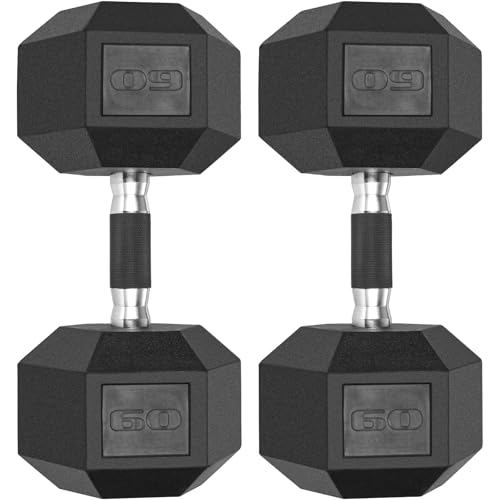 LIFERUN Rubber Grip Dumbbells Rubber Coated Cast Iron, with Anti-Slip Hex Black Dumbbell, Free Weights Dumbbell Set, 60lb/ 65lb/ 70lb/ 75lb dumbbells set of 2 - style: 60lb