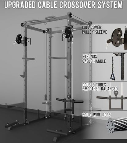 Eonfit E2 Power Cage，1500LB Squat Rack with Cable Crossover System.Multi-Function Power Rack for Home Gym.All-in-One Squat Rack with More Training Attachments