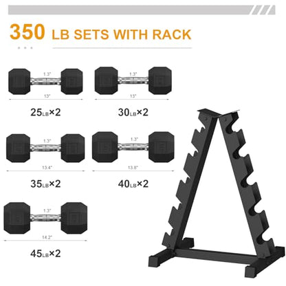 Premium Rubber Coated Hex Dumbbell Set with Rack, 350LB (25-45Lb, 5 Pairs) Weight Set for Home Gym, Multiple Sizes & Packages, Exercise & Fitness Dumbbells for Muscle Toning, Strength Building & Full