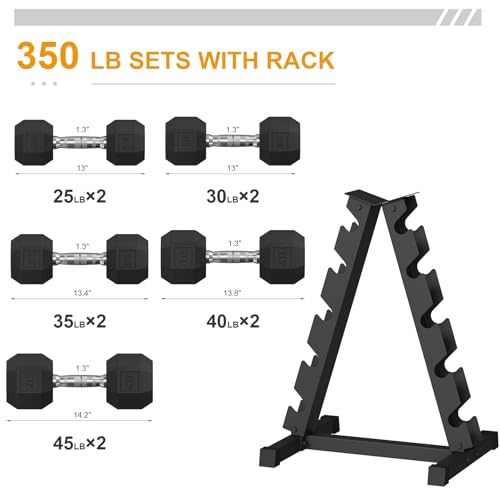 GarveeLife Premium Rubber Coated Hex Dumbbell Weight Set with Rack, Multiple Packages,350 LBS(5 pair) for Home Gym, Coated Hand Weights for Strength Training, Workouts