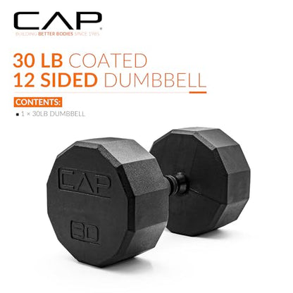 CAP Rubber Coated Dumbbell Weights, Free Weights for Home Gym Strength Training, Anti-Roll Hex Dumbbells with Black, Chrome & Comfort Grip Handles, Singles - size: 30 lb, style: 12-Sided - Black Handle