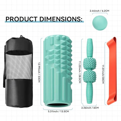 5 in 1 Foam Roller Set, High Density Fitness Exercise Foam Roller for Deep Tissue Muscle Massage, Massage Roller, Massage Ball, Resistance Band, for Whole Body(Tiffany Green) - color: Tiffany Green