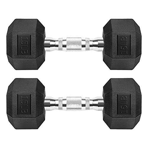 Hex Dumbbells Rubber Coated Cast Iron Hex Black Dumbbell Free Weights for Exercises - style: 15 Pounds / Pair