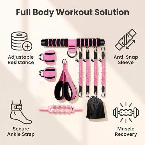 Pedal Resistance Band with Handle, 4 Fabric Covered Tubes 10-90 lbs Exercise Bands with Ankle Straps, Includes Massage Roller & Carry Bag, Full Body Home Gym Workout Equipment for Women and Men