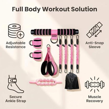 Pedal Resistance Band with Handle, 4 Fabric Covered Tubes 10-90 lbs Exercise Bands with Ankle Straps, Includes Massage Roller & Carry Bag, Full Body Home Gym Workout Equipment for Women and Men