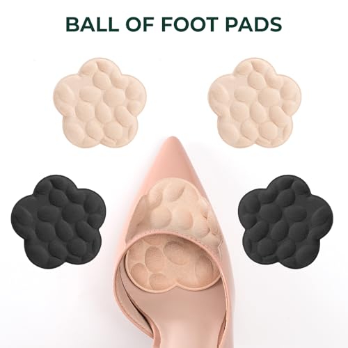 Ball of Foot Cushions for Women - Welnove Floral Design Metatarsal Pads for Pain Relief High Heels Insert Comfort Non Slip Forefoot Cushion for Pumps, Flats, Stilettos (Black & Beige, 4 Pairs)