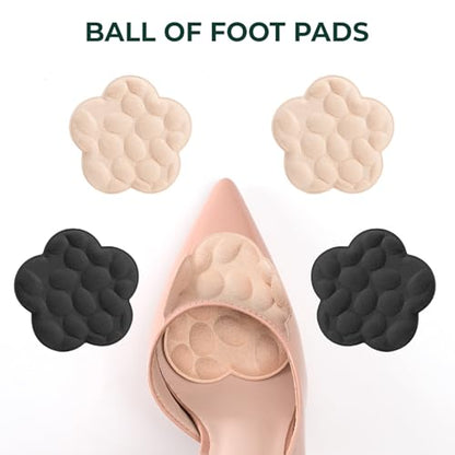 Ball of Foot Cushions for Women - Welnove Floral Design Metatarsal Pads for Pain Relief High Heels Insert Comfort Non Slip Forefoot Cushion for Pumps, Flats, Stilettos (Black & Beige, 4 Pairs)