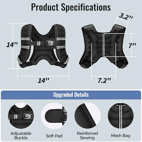 Weighted Vest, 6lb/8lb/10lb/12lb/15lb/18lb/20lb/24lb/30lb for Men Women, Reflective Stripe Adjustable Buckle, Comfortable Durable Rucking Vest for Walking Running Strength Training