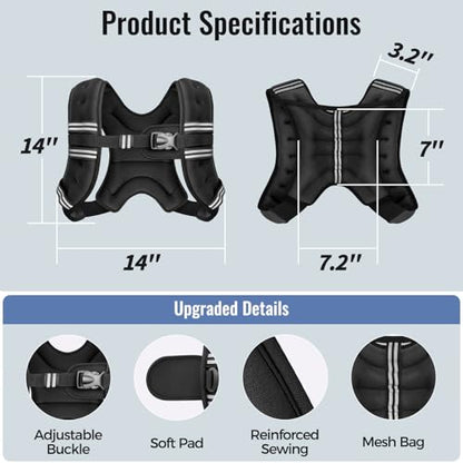Weighted Vest, 6lb/8lb/10lb/12lb/15lb/18lb/20lb/24lb/30lb for Men Women, Reflective Stripe Adjustable Buckle, Comfortable Durable Rucking Vest for Walking Running Strength Training