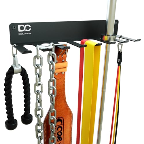 Double Circle Gym Equipment Storage Rack - Multi Purpose Gym Equipment Wall Rack Hanger for Pro Home Gym Storage for Exercise Bands, Barbell Bar, Jump Ropes, Chains, Lifting Belts (17" - Hooks) - color: Black: 8 Standard Hooks
