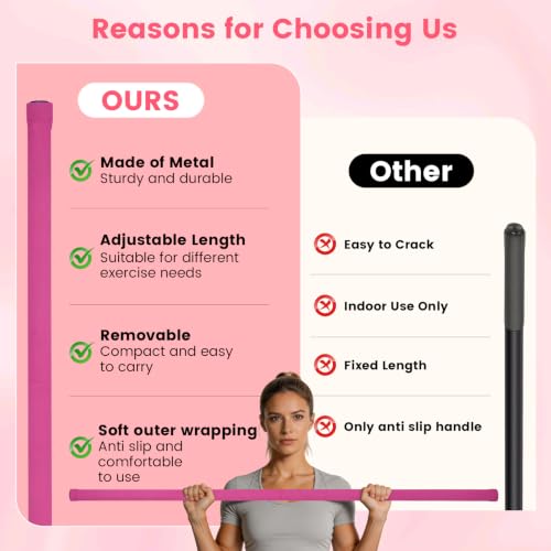 Yoga Stick Sturdy Steel, 5 Ft Adjustable Stretching Stick for Mobility, Flexibility and Balance, Versatile Exercise Stick with Non-Slip Ends and Foam Handles for Fitness, and Posture - color: pink