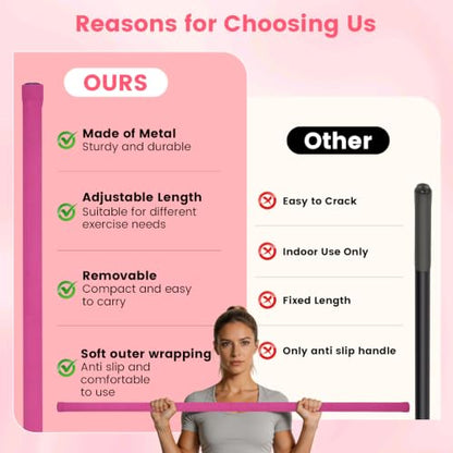 Yoga Stick Sturdy Steel, 5 Ft Adjustable Stretching Stick for Mobility, Flexibility and Balance, Versatile Exercise Stick with Non-Slip Ends and Foam Handles for Fitness, and Posture - color: pink