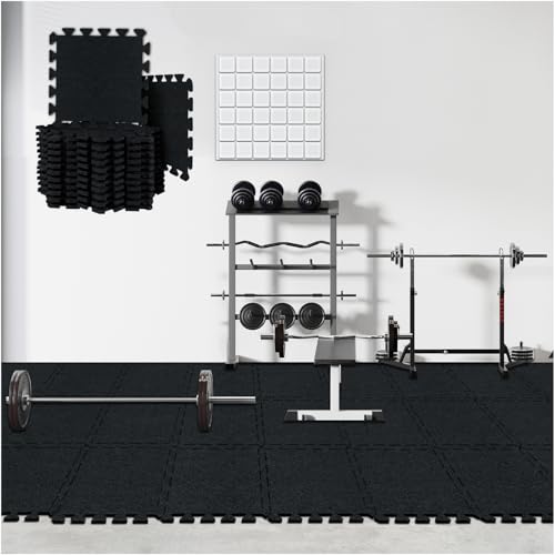 Gym Flooring Mats 24 Pcs, 11x 11 x 0.32 inches High Density Exercise Floor Tiles, Non Slip Interlocking Noise Shock Reduction Puzzle Felt Mat for Workout, Basement and Home Gym Protective - size: 0.32'' Thickness, 24 Pcs
