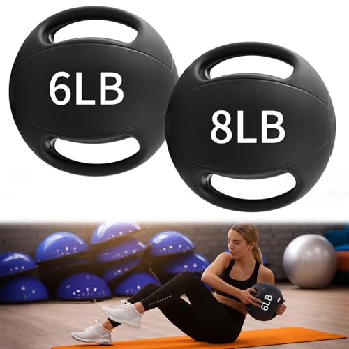 Gemscream 2 Pcs Medicine Ball with Dual Grip - 6 lb & 8 lb Exercise Balls, Durable Non Slip Rubber Grip Medicine Ball for Home Gym, Strength Training, Core Workouts, Fitness Enthusiasts & Gift Giving