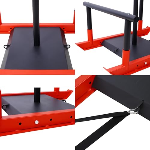 Weight Training Sled Push Pull Drag Speed Power Training Equipment Strength Sled with Removable Push Poles Harness and Straps for 1 Inch and 2 Inch Weight Plates Black+Red