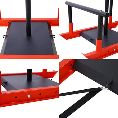 Weight Training Sled Push Pull Drag Speed Power Training Equipment Strength Sled with Removable Push Poles Harness and Straps for 1 Inch and 2 Inch Weight Plates Black+Red