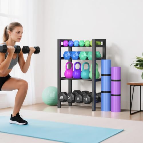 Dumbbell Rack, 4-Tier Weight Rack, Weight Rack for Home Gym, Adjustable Kettlebell Storage Rack, Heavy-Duty Weight Holder, Dumbbell Stand Organizer (Rack Only)