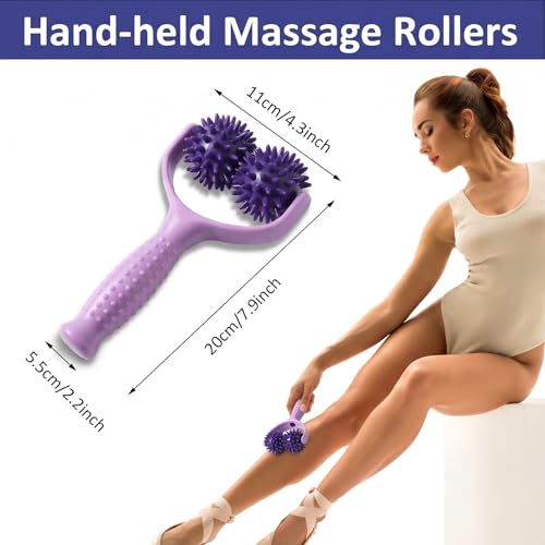 Handheld Spiky Massage Balls Rollers, 2 Wheel Spiky Massage Ball Rollers Silicone Manual Massage-Roller with Handle Pressure Point Muscle Massages Tool for Foot Arm Body Neck Leg Pain Pressure Relief