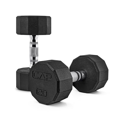 CAP Rubber Coated Dumbbell Weights, Free Weights for Home Gym Strength Training, Anti-Roll Hex Dumbbells with Black, Chrome & Comfort Grip Handles, Pairs & Sets - size: 20 lb - Pair, style: 12-Sided - Chrome Handle