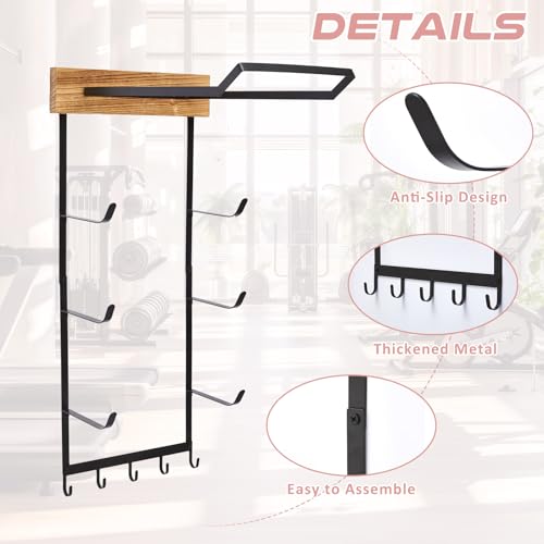 Yoga Mat and Ball Holder Wall Mount, 4-Tier Yoga Mat & Ball Storage Rack, Home Gym Organizer, Black Metal Floating Shelf for Hanging Foam Rollers & Resistance Bands(5 Hooks Style,Wood Color)