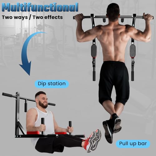 Wall Mounted Pull Up Bar Dip Station, Heavy Duty Chin Up bar Multifunctional Dip Station for Indoor Home Gym Workout, Wall Punching Power Tower Set Fitness Equipment, Supports to 440Lbs
