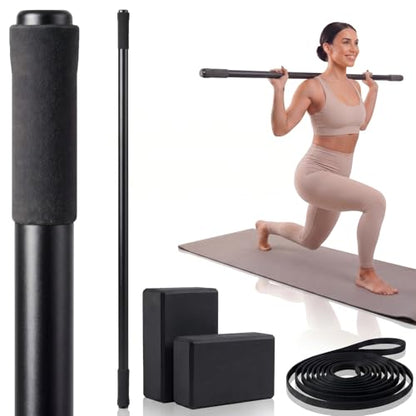 4 Pcs Adjustable Yoga Stick (30/45/60 In) with Exercise Strap Yoga Blocks Exercise Rod Workout Staff 60 Inch Sturdy Carbon Steel Stretching Stick with Non Slip Ends for Physical Pilates