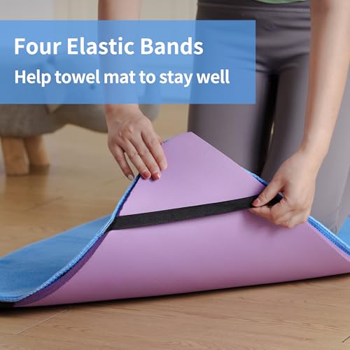 Microfiber Hot Yoga Towel Mat, 24 x 72 inches, with Non-Slip Silicone Grip, Secure Fit Elastic Straps (Blue)