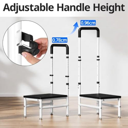 Step Stool with Handle for Adults and Seniors, Heavy Duty One Step Wooden Platform Stool with Adjustable Handrail, Wide Non Slip Footstool for Bedside, Bathroom and Home