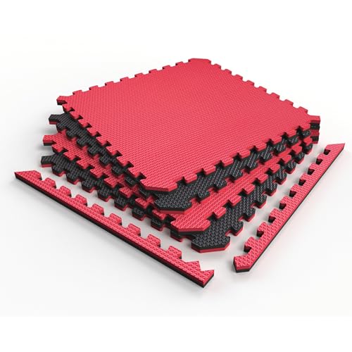 Reversible Gym Exercise Mats 3/4" Thick EVA Interlocking Foam Tiles, Perfect Gym Flooring for Home Gym, 4 Tiles & 8 Trim Pieces, 16 Sq. Ft. 24"x24", Red/Black - color: Red / Black, size: 4 Tiles - 16 Sq. Ft.