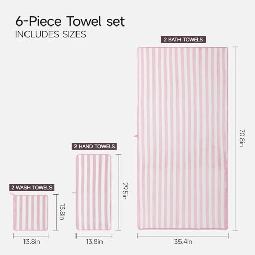 REDKISS Ultra Soft Bath Towel Set 6-Piece 35"x70" | 100% Microfiber, Highly Absorbent | Quick Dry Towels for Bathroom, Spa, Gym | 2 Bath, 2 Hand, 2 Washcloths | Pink - color: Light Pink